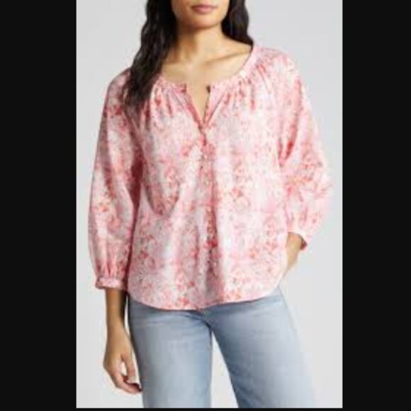 Tommy Bahama Large Red White Floral Puff Sleeve Button Down Blouse Feminine - Picture 2 of 11